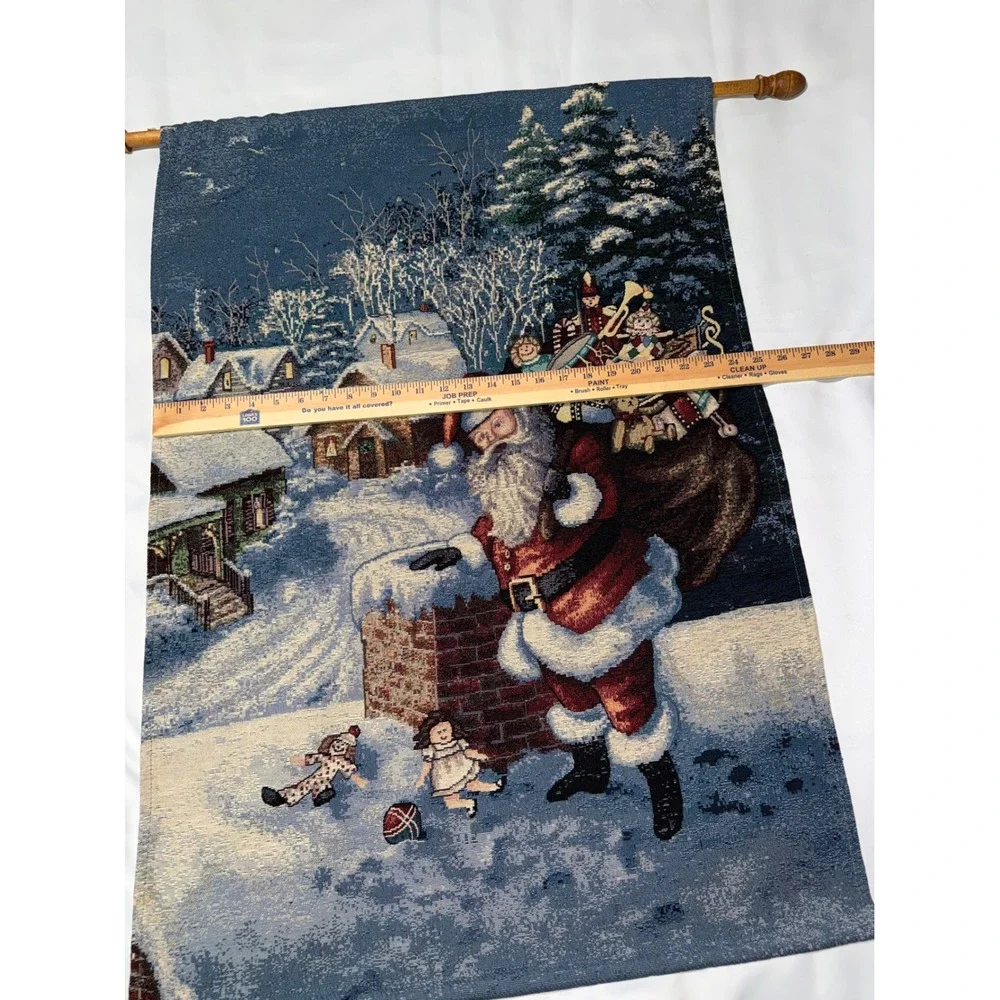 Vintage Christmas Santa Claus Woven Tapestry Wall Hanging with Rod 26x36